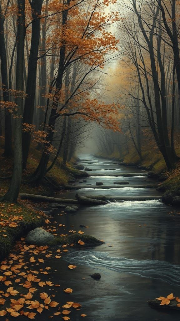 River Forest in Fall: Paper Collage Oil Painting