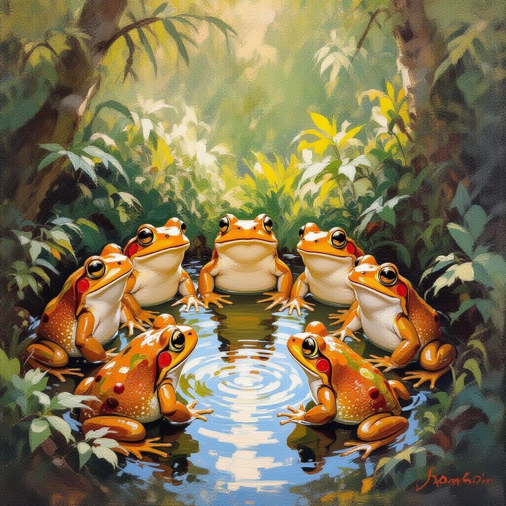Golden Toads' Joyful Dance as Oil Painting