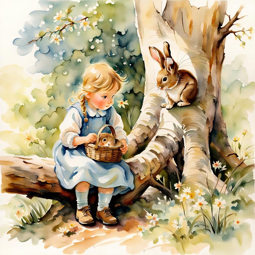 Girl Feeds Rabbit in Watercolor Dreamscape