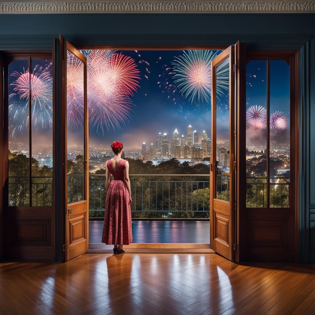Sydney Skyline Fireworks Through Victorian Doors in Frida Ka...