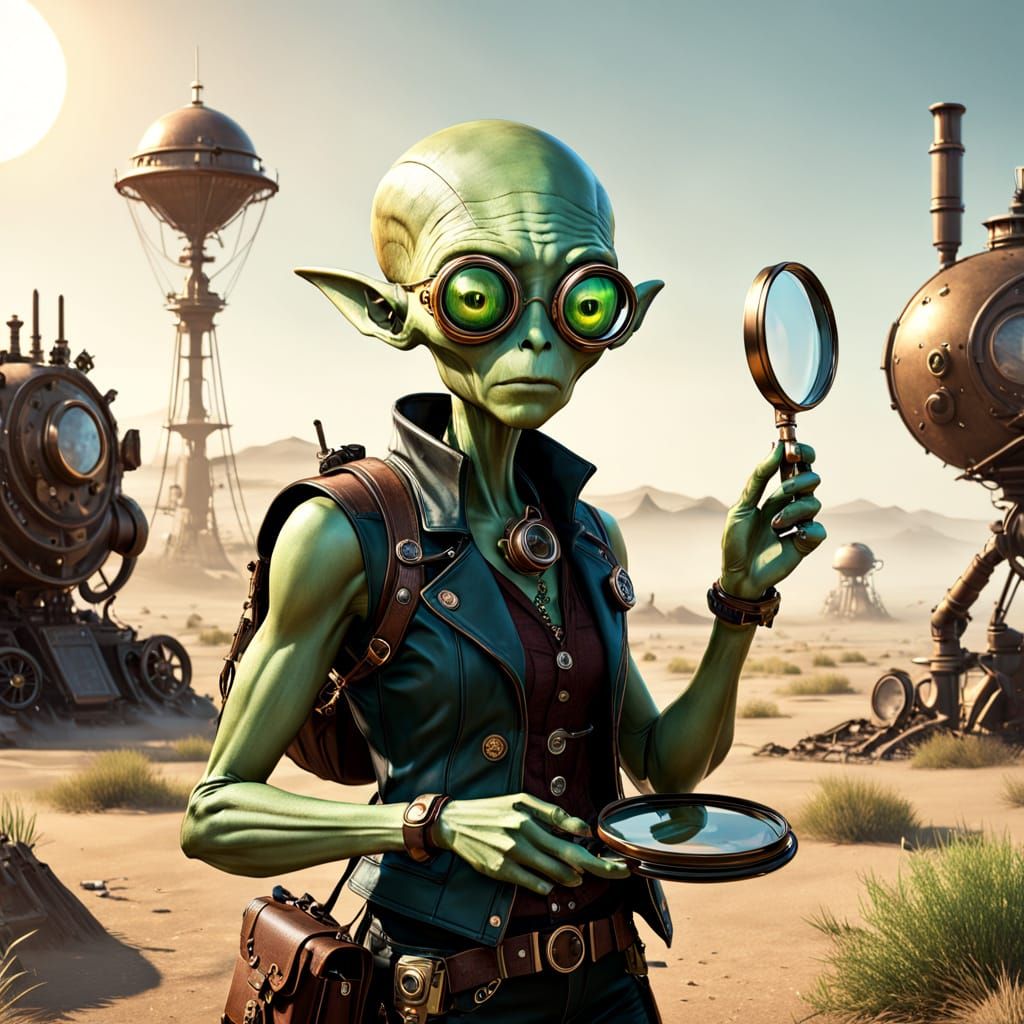 Green Alien Sidekick Investigates in Steampunk Style