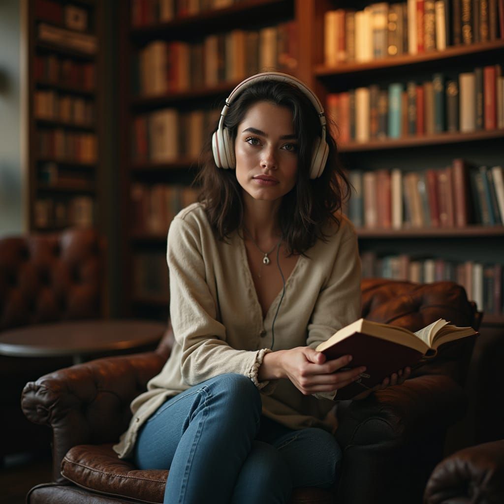 Woman Reads in Cozy Library with Headphones