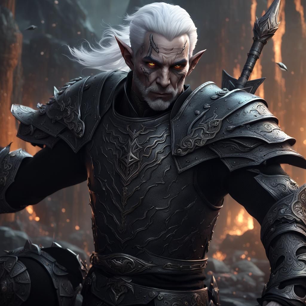 Creepy Grey Elf in Black Leather Armor