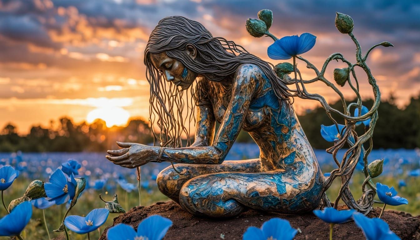 Surreal Goddess of Resilience in Himalayan Blue Poppy Sunset