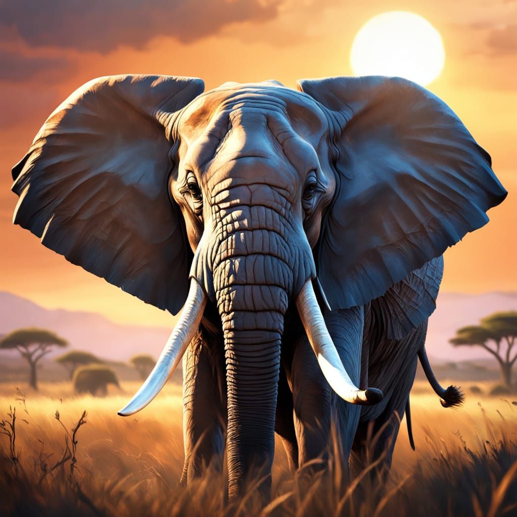 Majestic African Elephant at Sunset in Digital Art Style