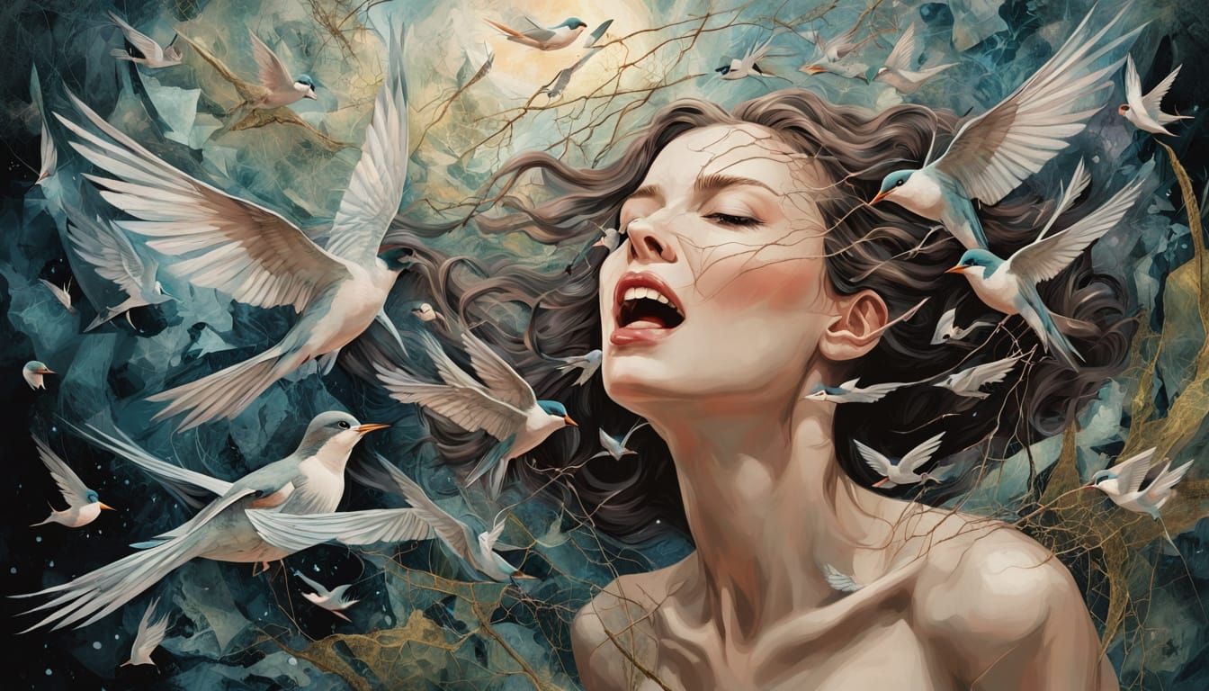 Surreal Angel of Memories Shatters Broken Mirrors in a Dazzl...