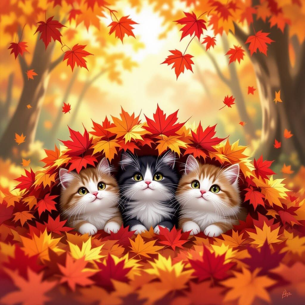 Whimsical Cats Under Red Maple Leaves