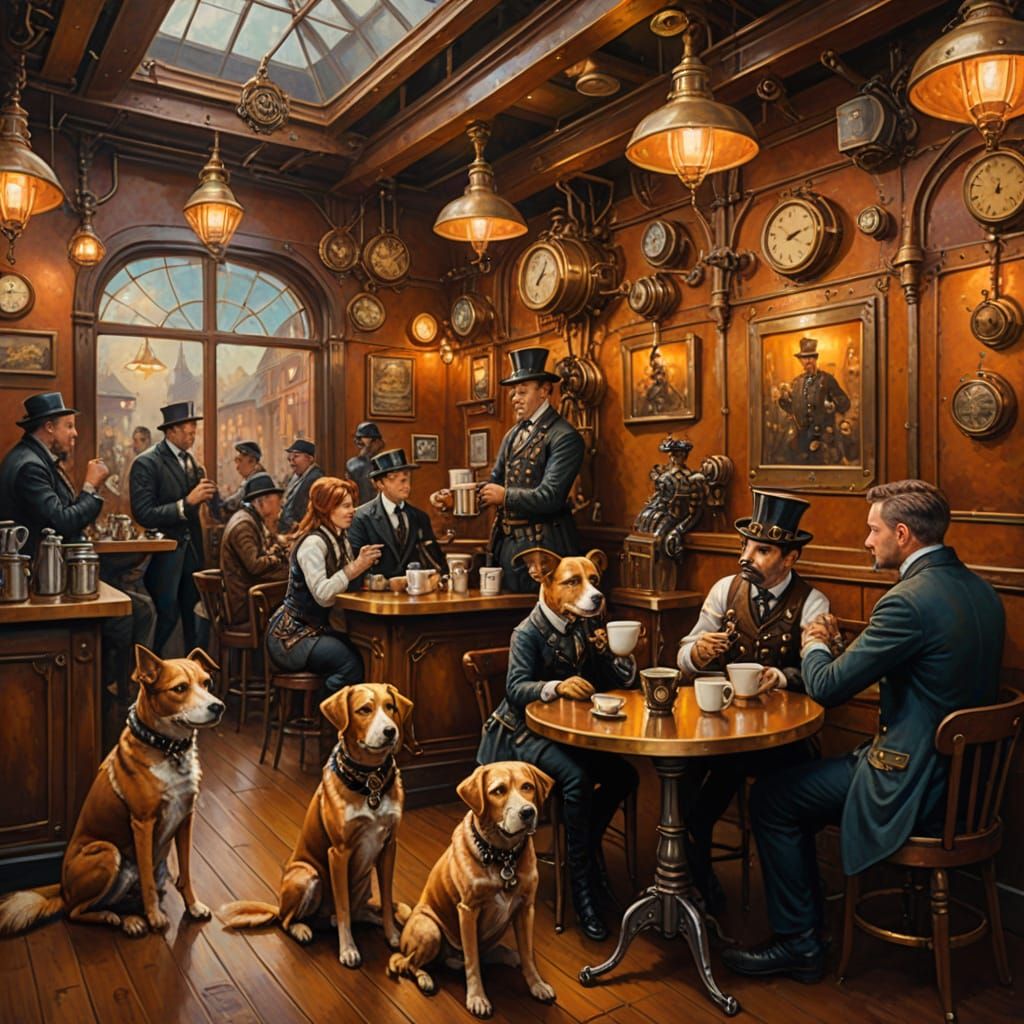 Steampunk Cafe Scene with Dogs and People Drinking Coffee