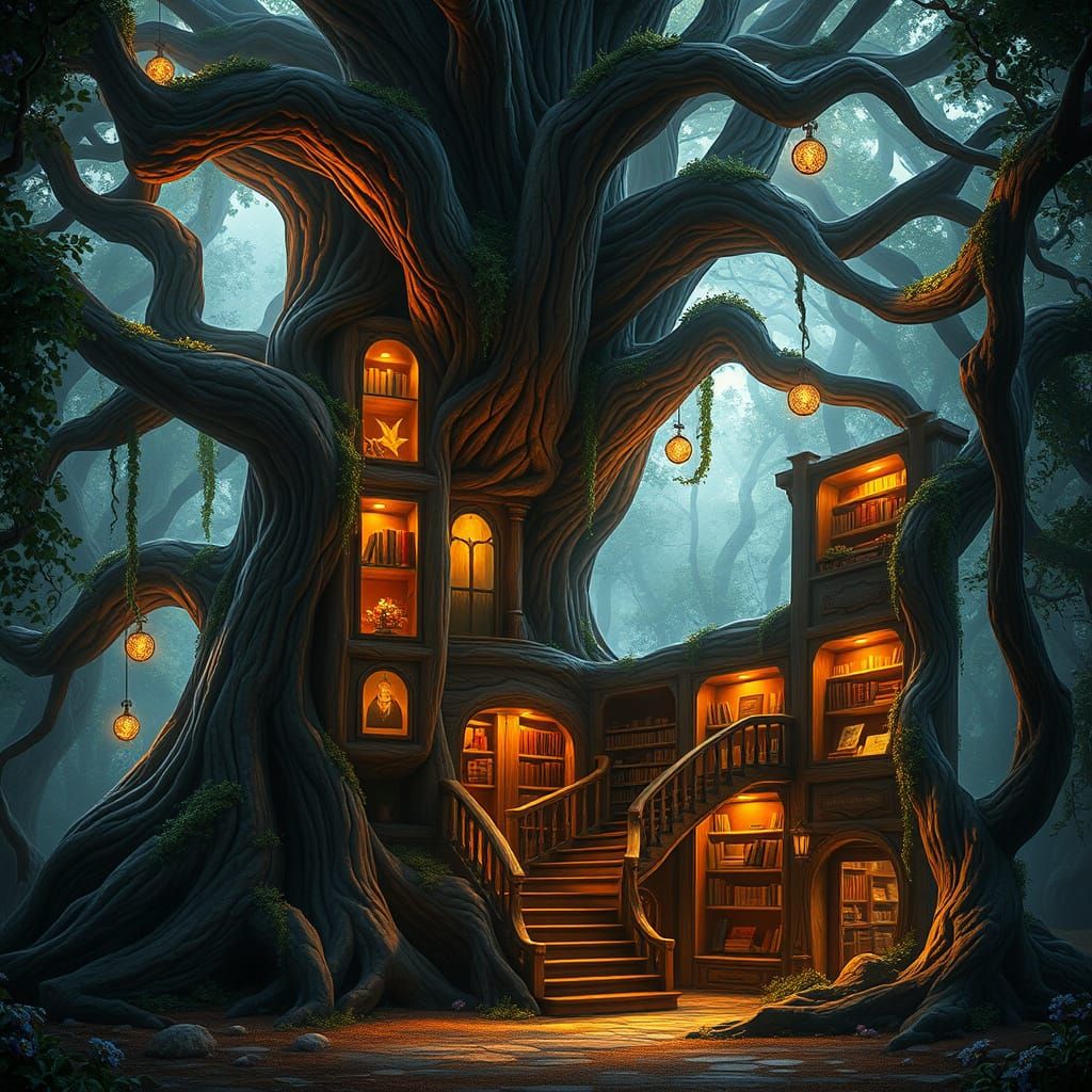 Ancient Oak Tree in Serene Forest Clearing with Whimsical Li...