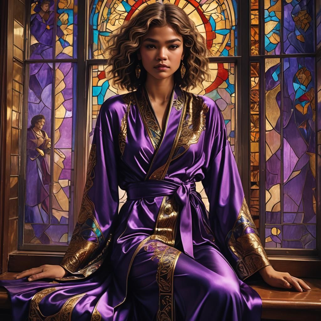 Zendaya in Purple Silk Robe, Art Deco Style