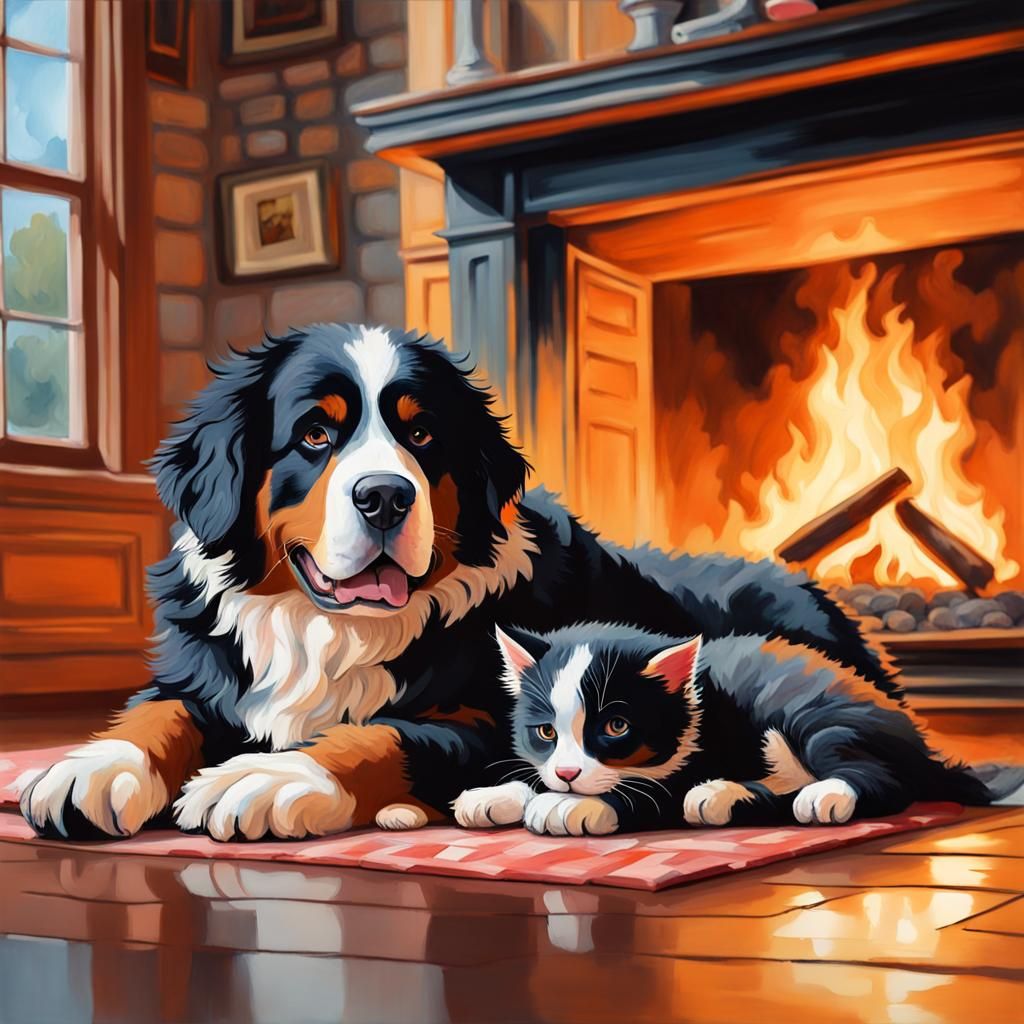 Bernese Mountain Dog and Kitten Nap as Gouache Painting
