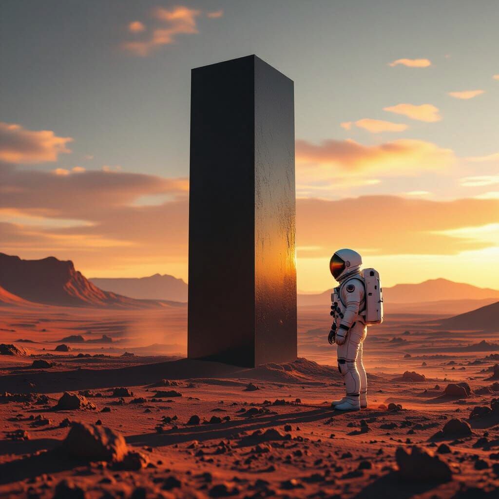 Astronaut Faces Black Monolith on Alien Planet at Dual Sunse...