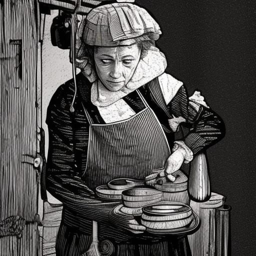 Architect Forging Keys in Linocut Style Portrait