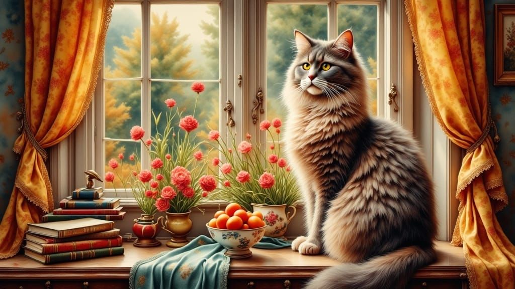 Elegant Antique Cat in Warm Watercolor Hues