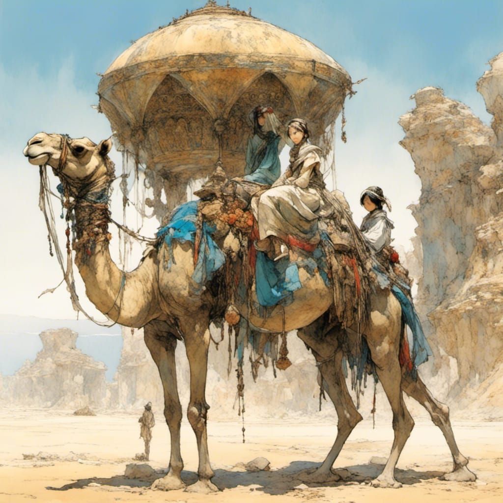 Children on Camel in Desert Oasis, Anime Style