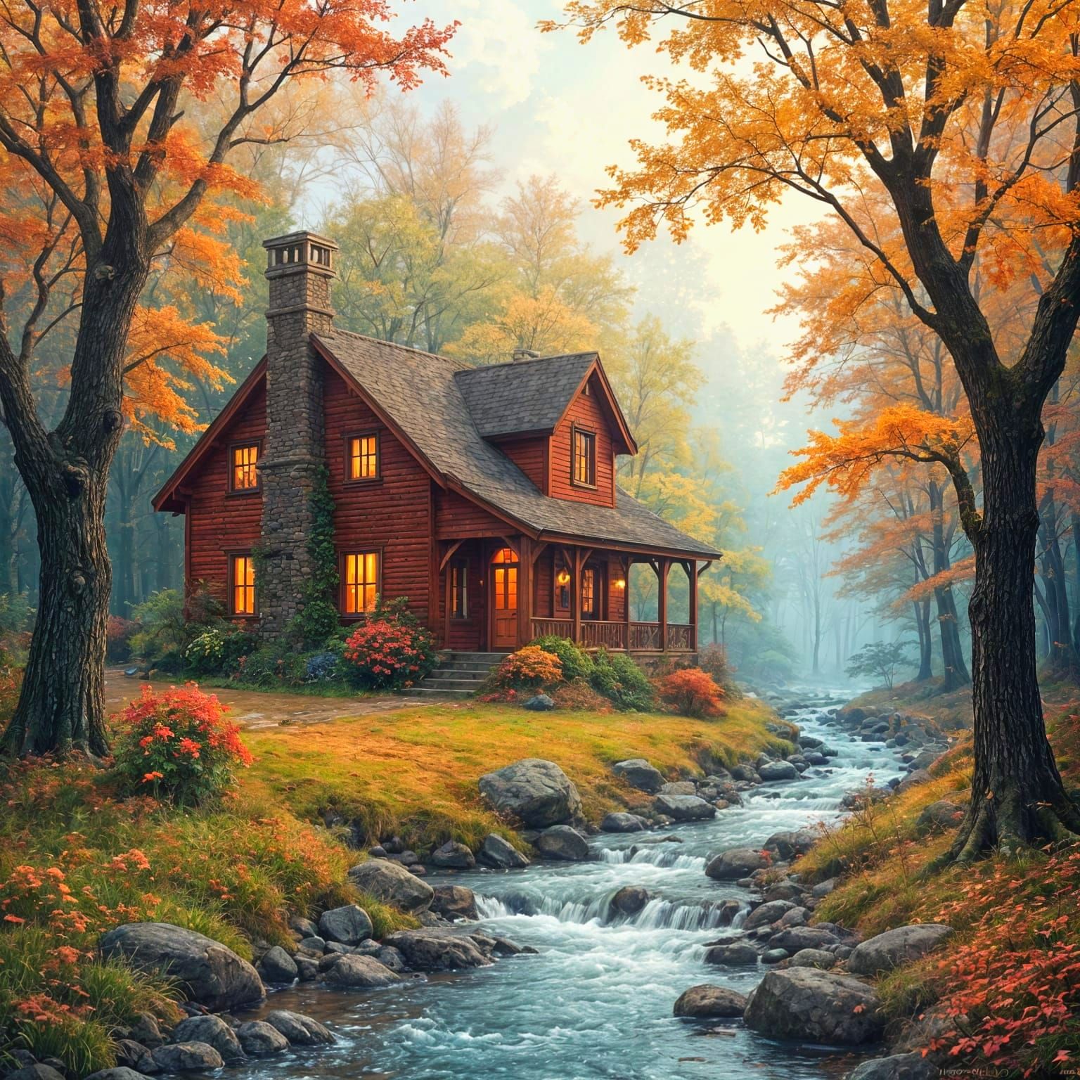 Red House in Autumn Forest, Ethereal Fantasy