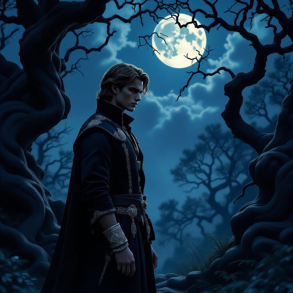 Aristocratic Man in Moonlit Forest, Dark Fantasy Style