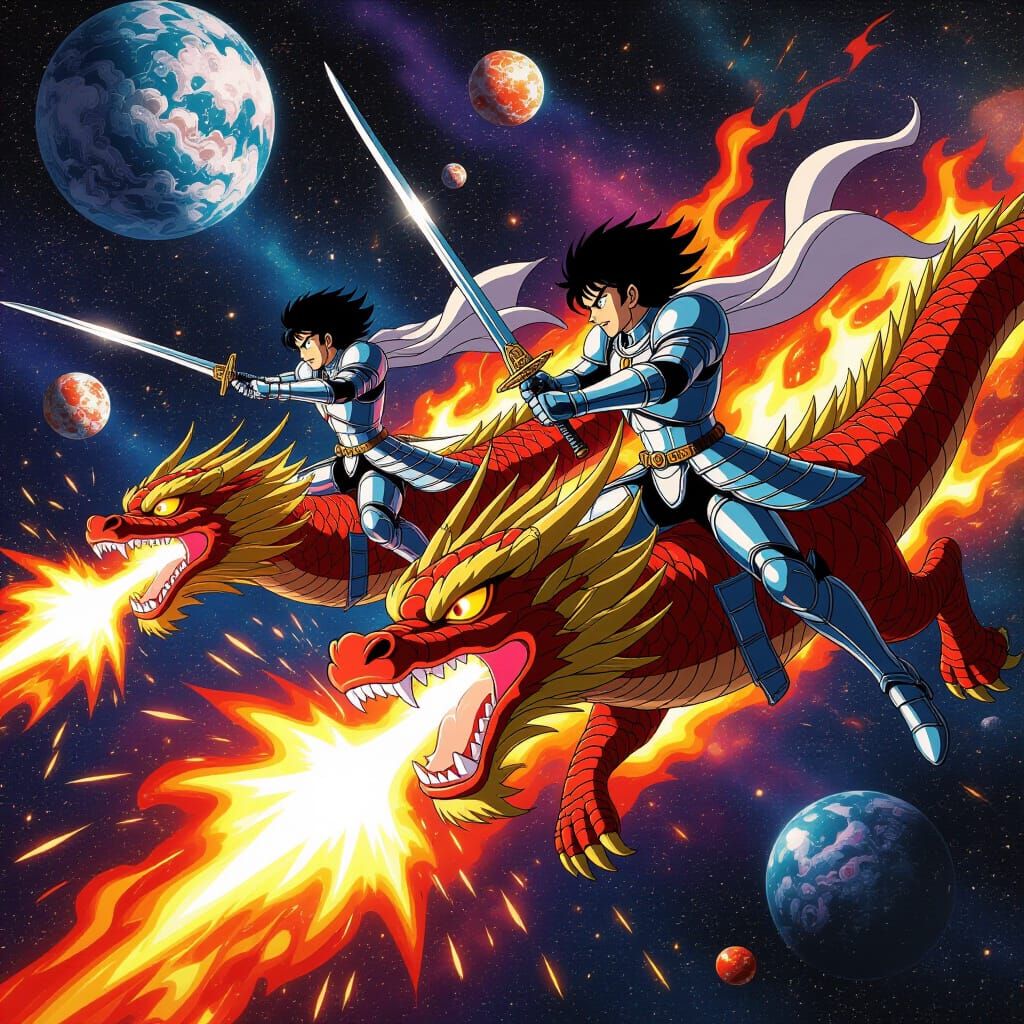 Anime Knights Clash on Dragons in Space