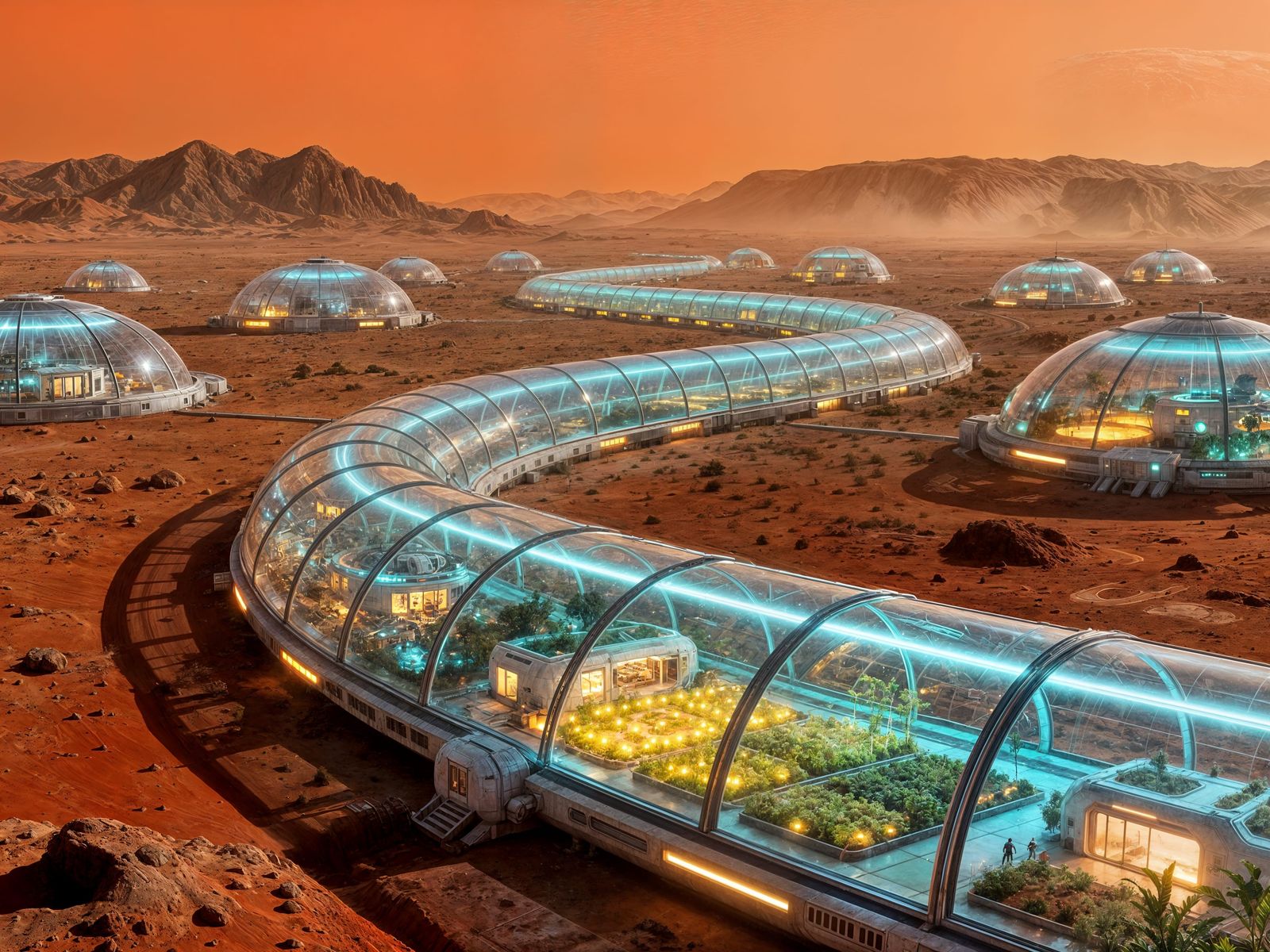 Hopeful Martian Colony Thrives Under Glowing Biodomes