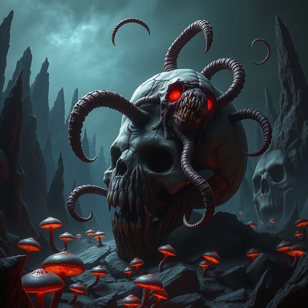 Tentacled Horror Emerges from Cracked Skull in a Dark, Night...