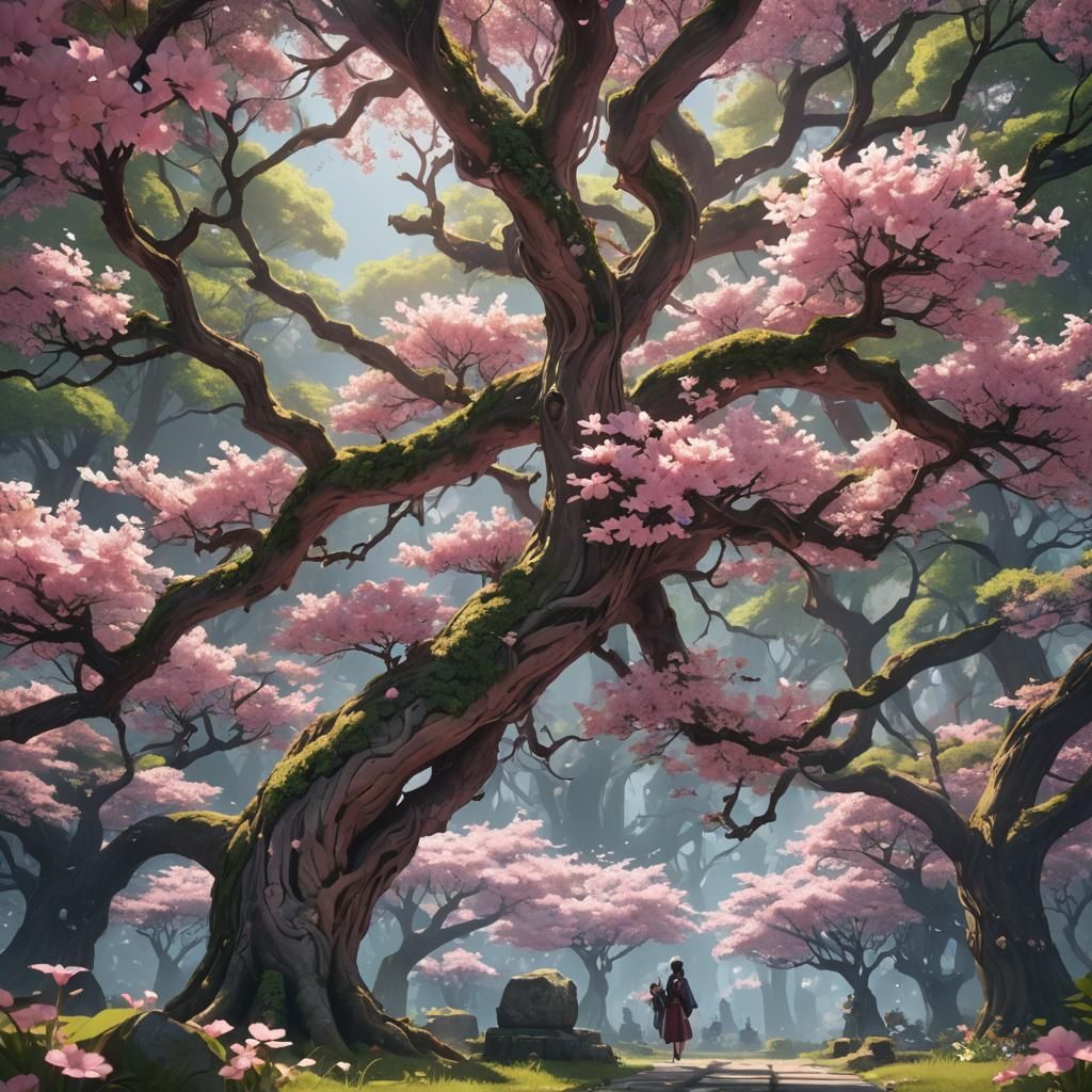 Pink Flower Among Ancient Trees in 3D Anime Art