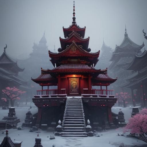 Temple Snow Globe with Cherry Blossoms: Fantasy Art