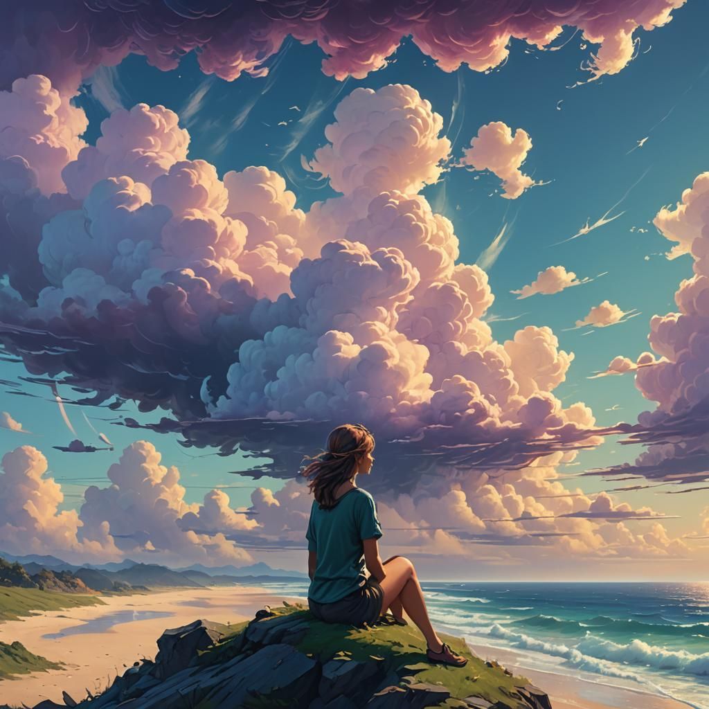 Girl on Cloud Watching Sea: Fantasy Matte Painting