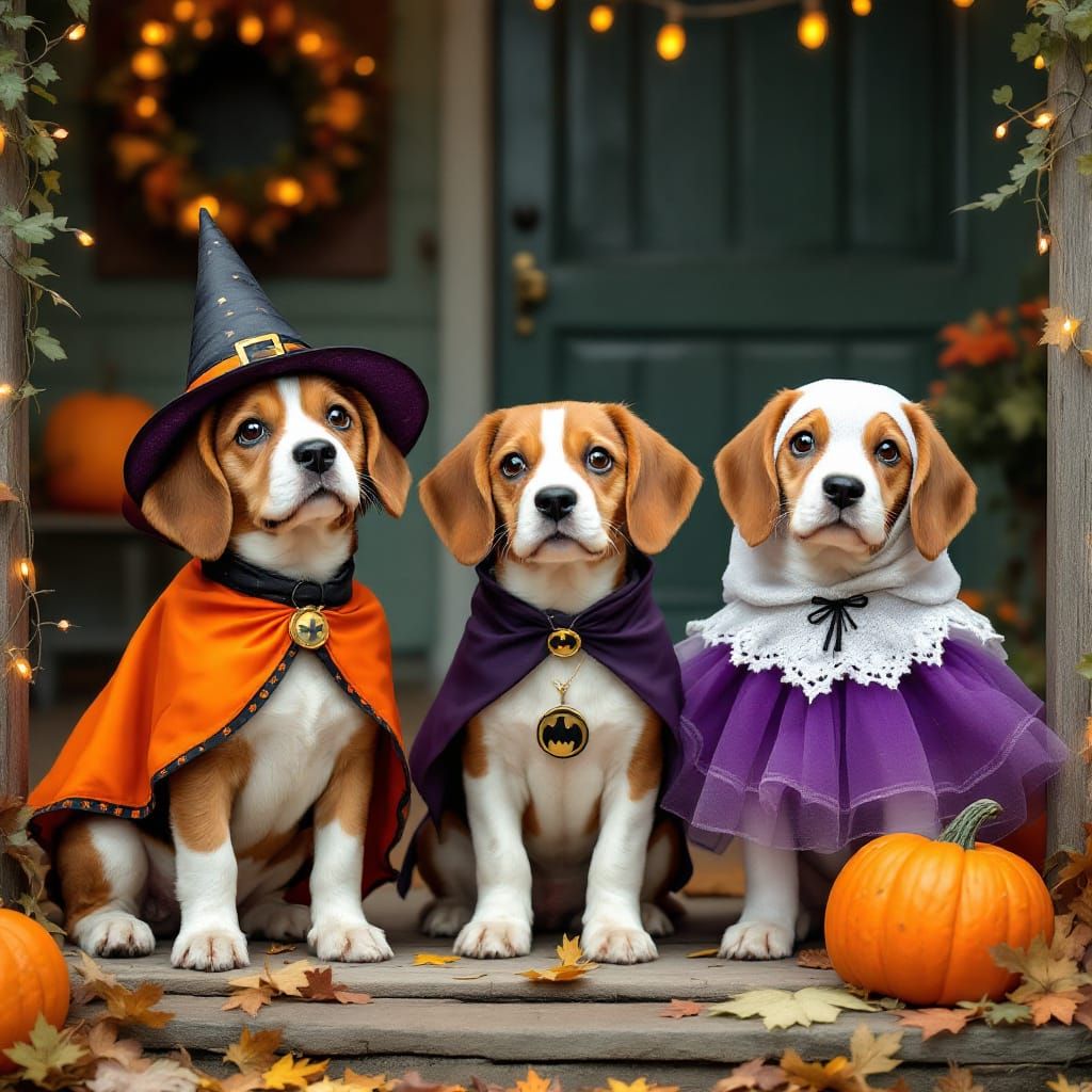 Beagles dressed in Halloween costumes