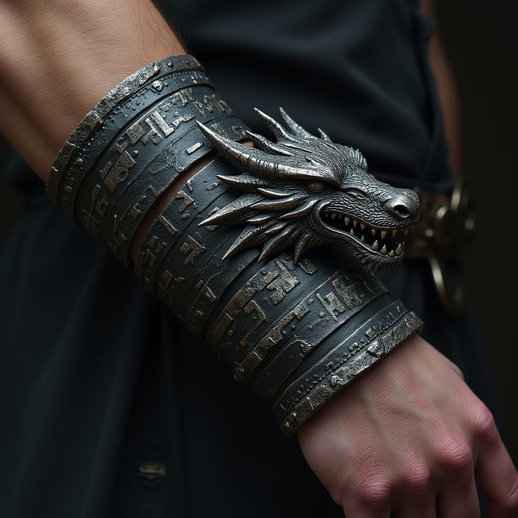Dark Fantasy Armband in Metallic Black and Grey with Intrica...