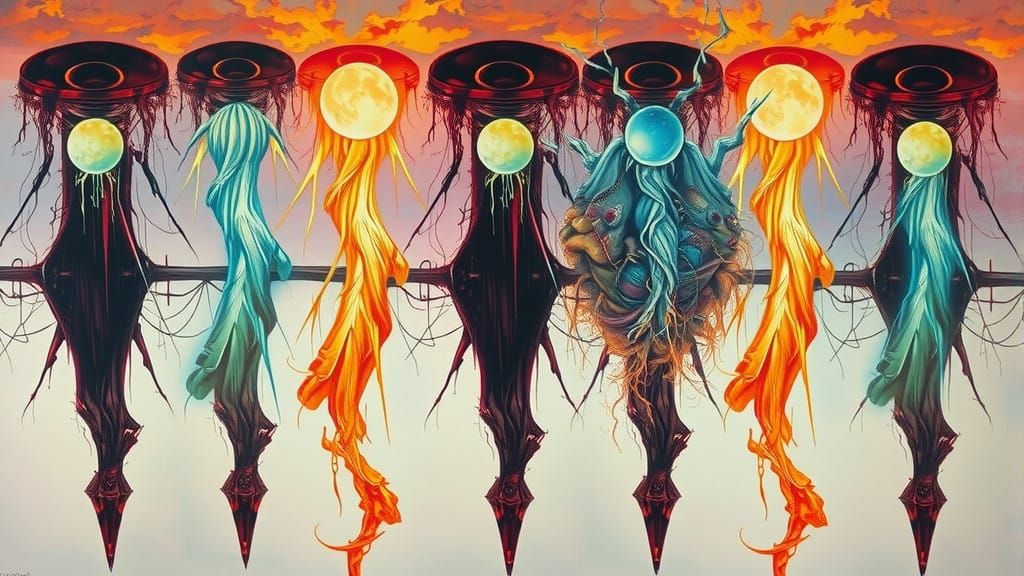 Surreal, Cyberpunk-Inspired Landscape with a Melting Moon