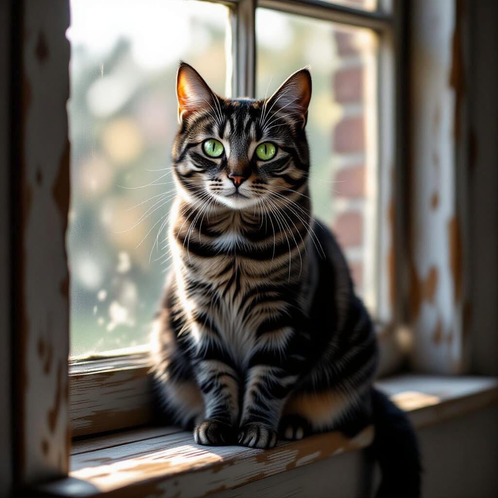 Regal Tabby Cat on Windowsill in Soft Sunlight