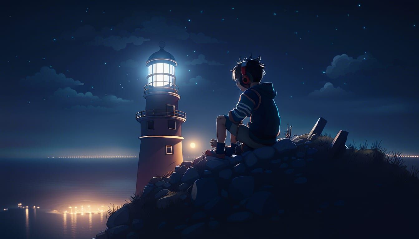 Anime-Style Lighthouse Scene at Night in Ultra HD