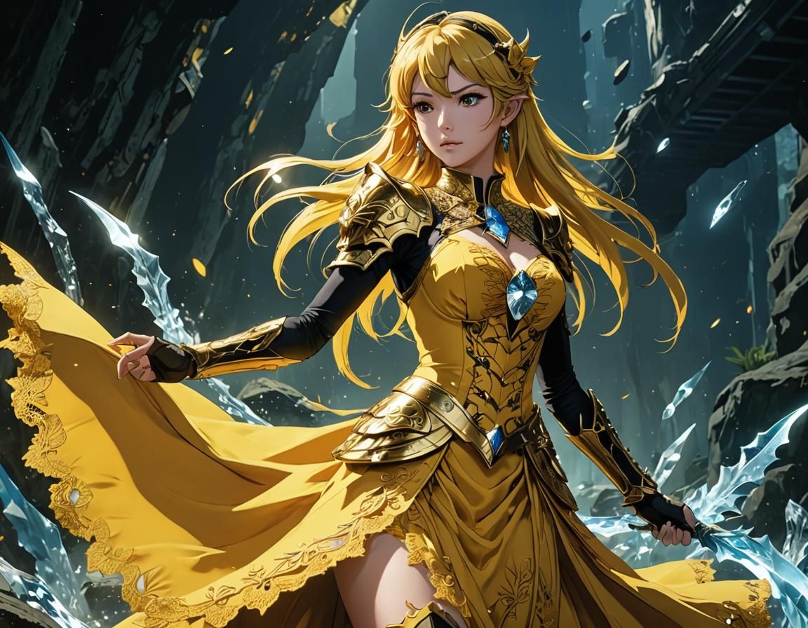 Anime Warrior in Yellow Velvet Dress, Cel-Shaded Style