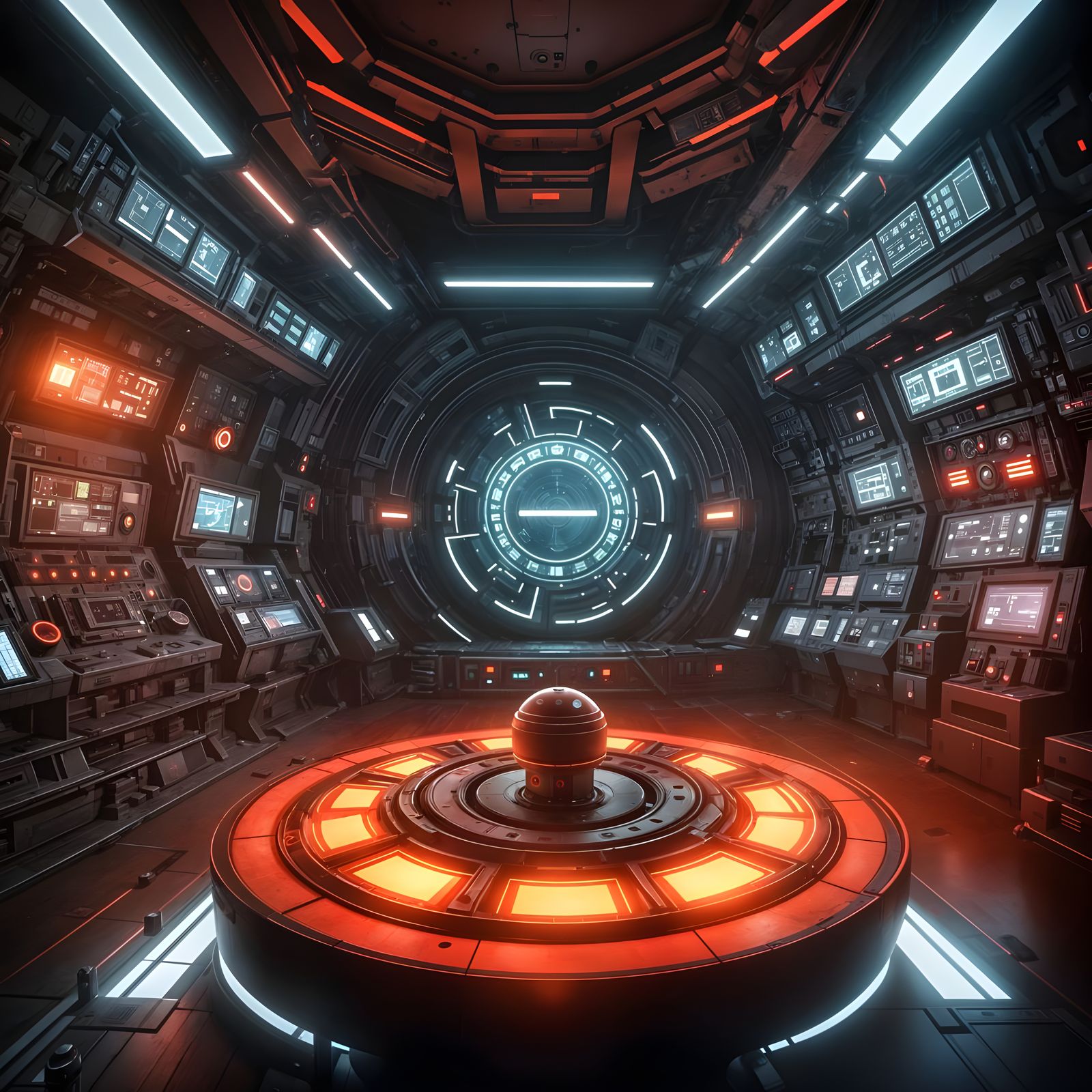 Futuristic Control Room with Glowing Red Button