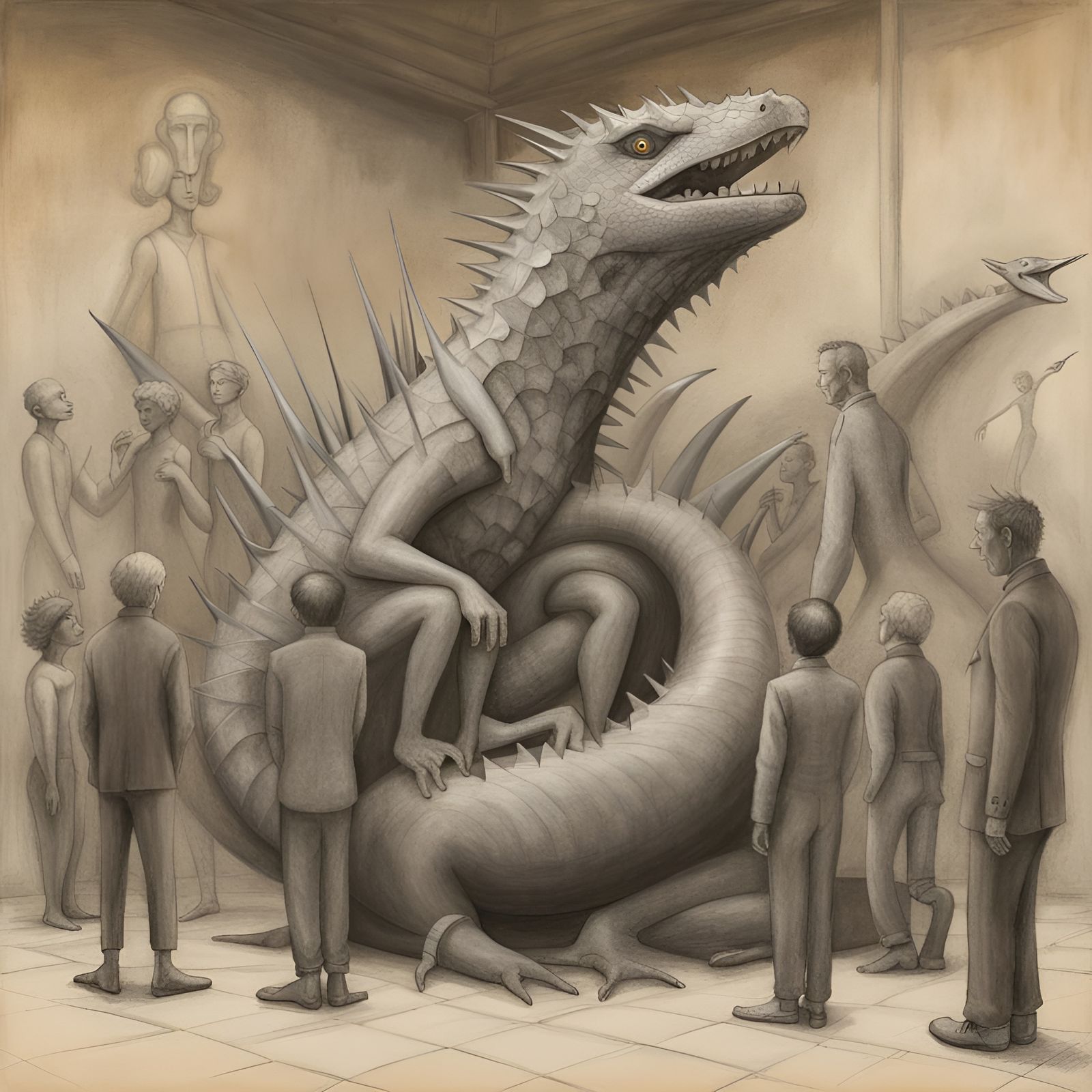Graphite Basilisk Surrounded by Statues: Raw Art