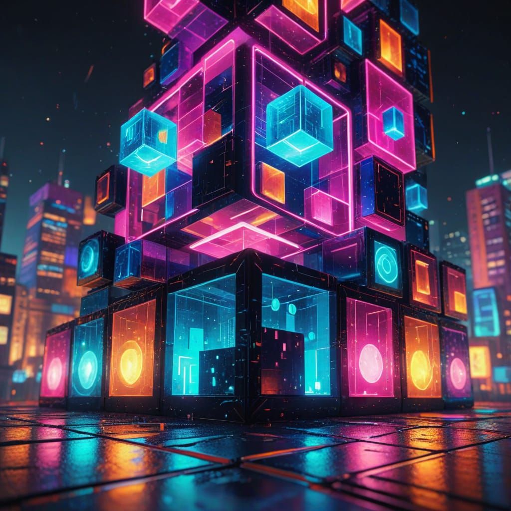 Retro Pixel Cityscape in Geometric Fauvism Style