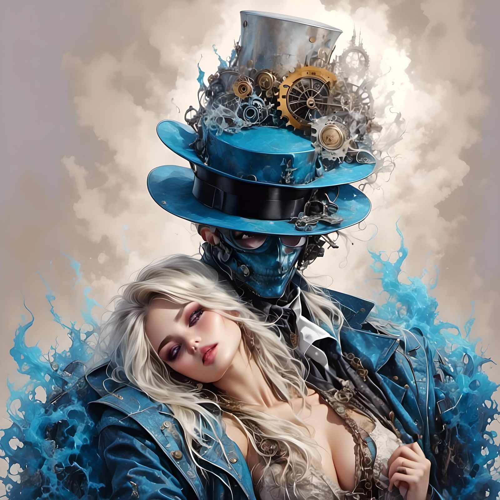 Steampunk Woman with Multicolored Hair in Watercolor Style