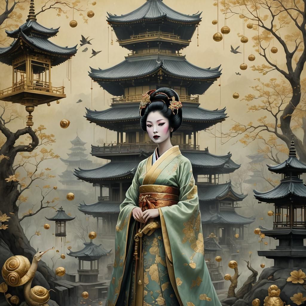 Geisha in Surreal Pagoda Scene with Gold Ink Etchings