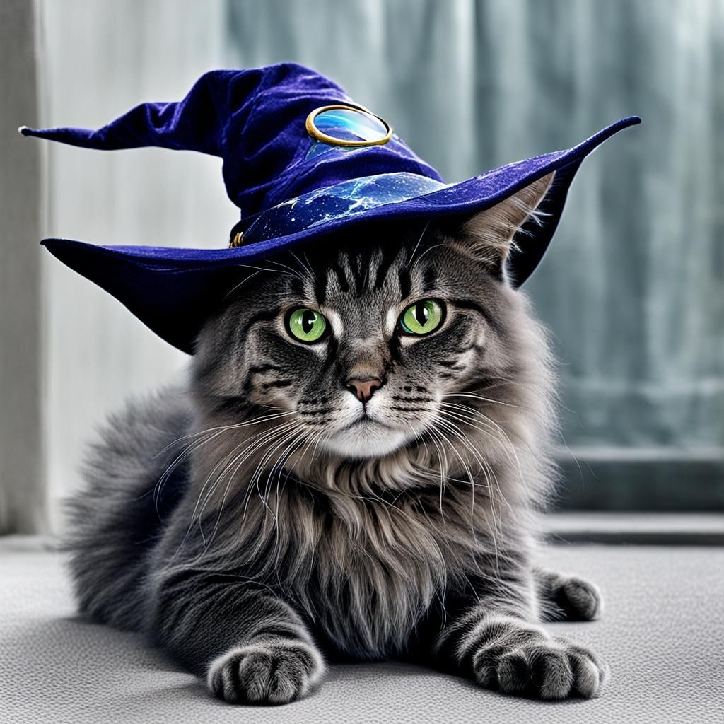 Harry Potter as a cat in a wizard hat