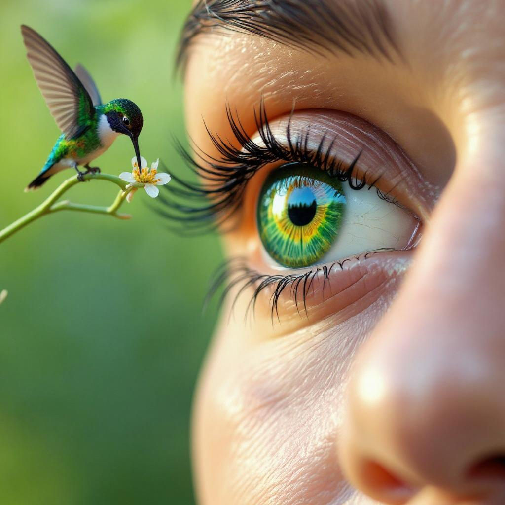 Hummingbird Perched on Eyelashes of a Green Eye