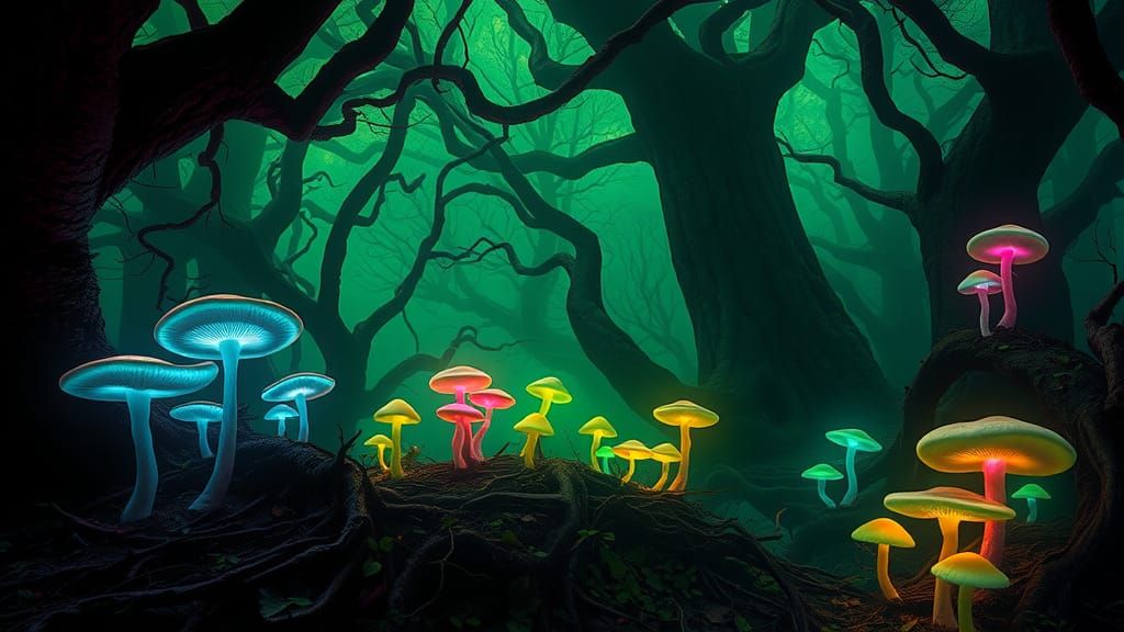 Mystical Forest Illuminated by Fluorescent Mushrooms