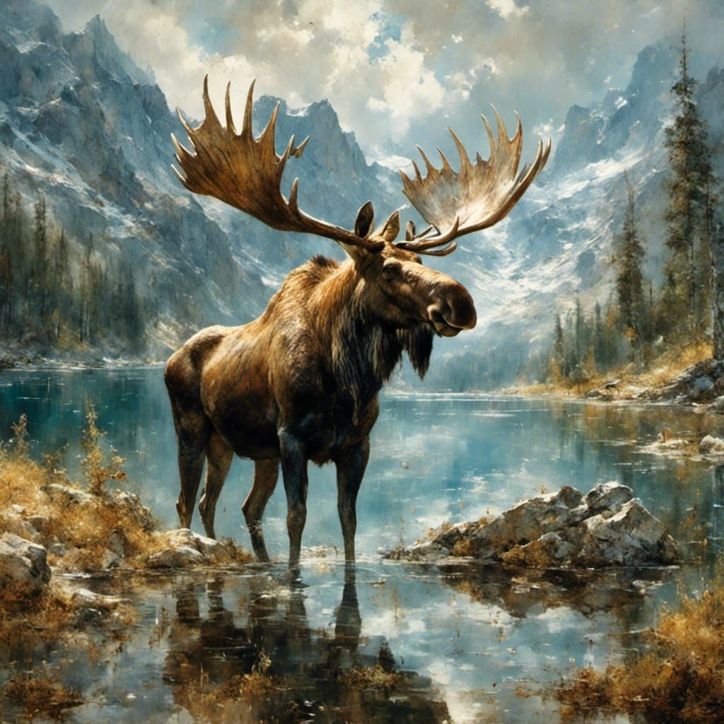 Moose with Mossy Antlers by Mountain Pond