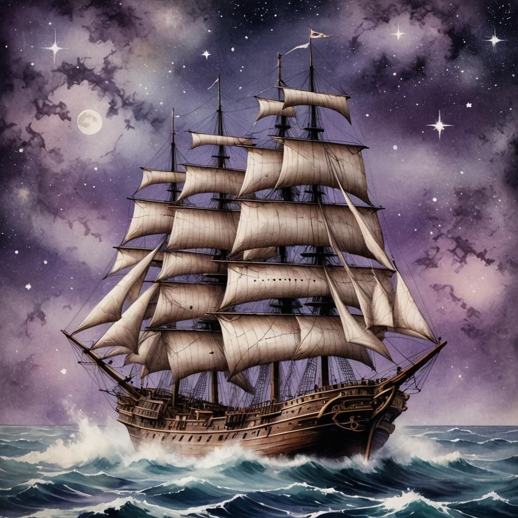 Victorian Ship Sails on Star Dust in Watercolor