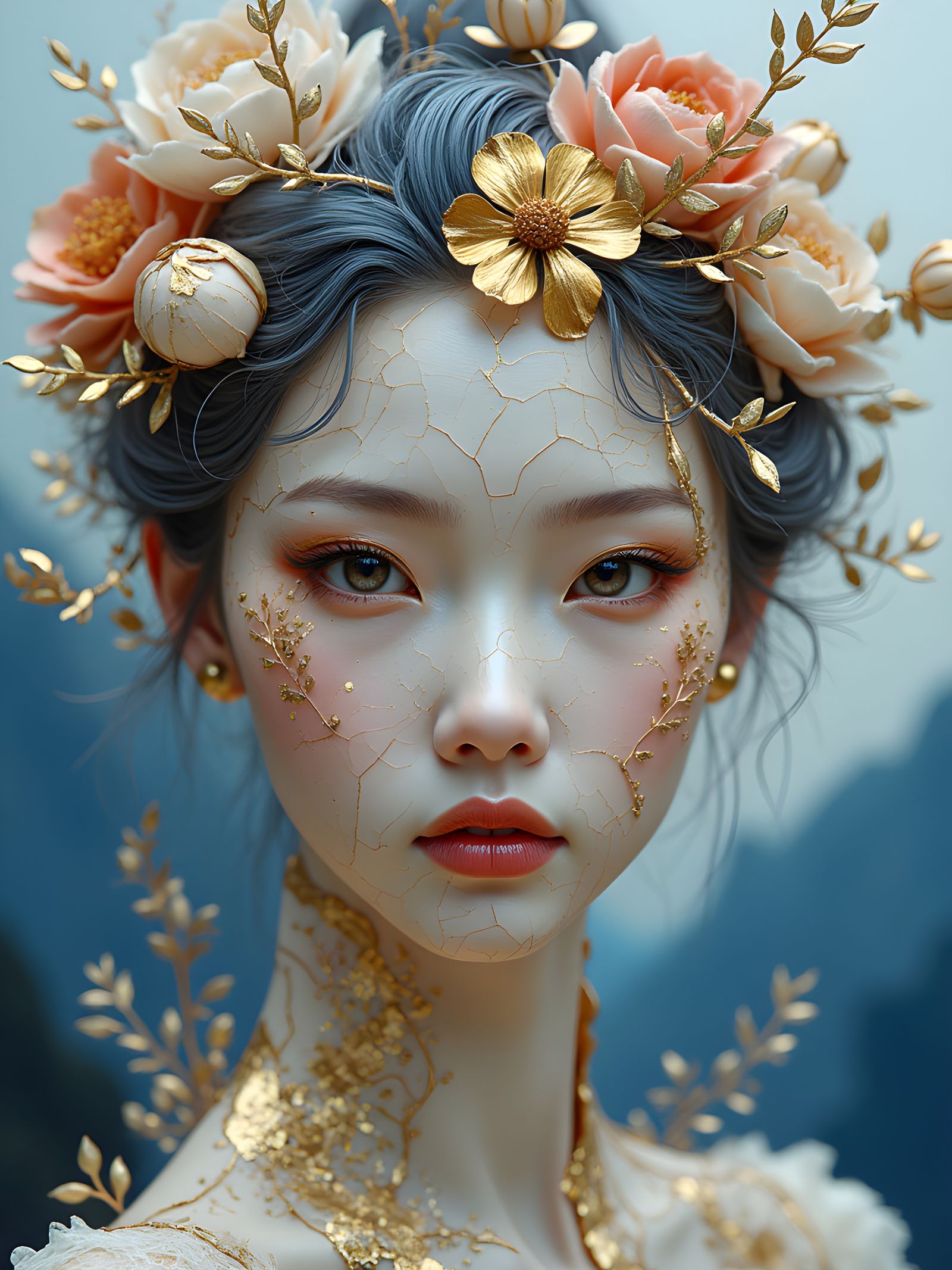 Porcelain Woman with Kintsugi Details in Mountain Landscape