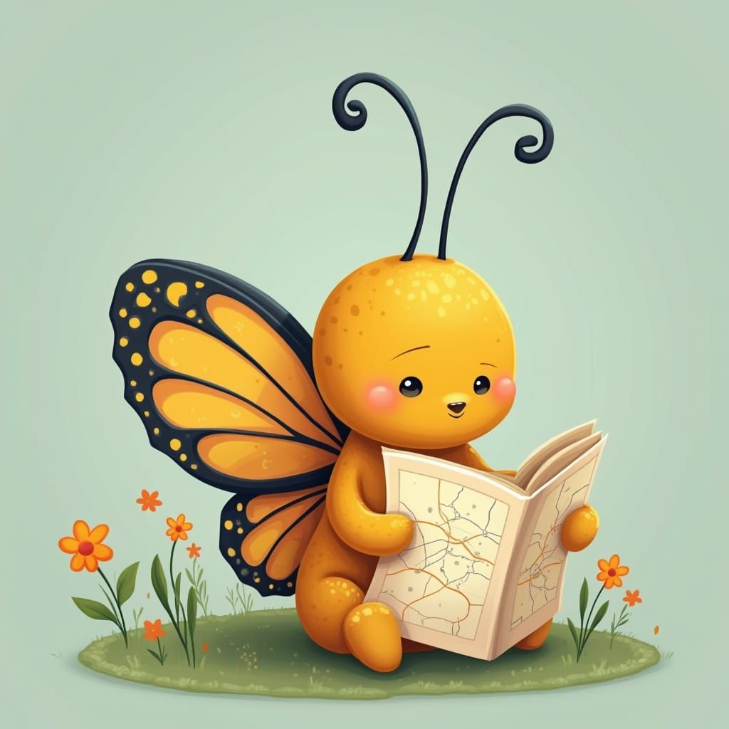 Cartoon Butterfly Reading a Map Illustration