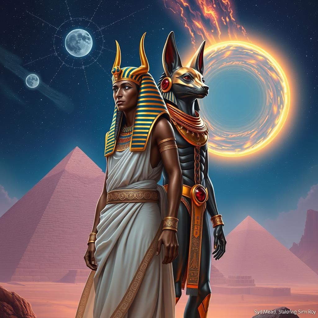 Pharaoh and Anubis in Retro-Futuristic Style