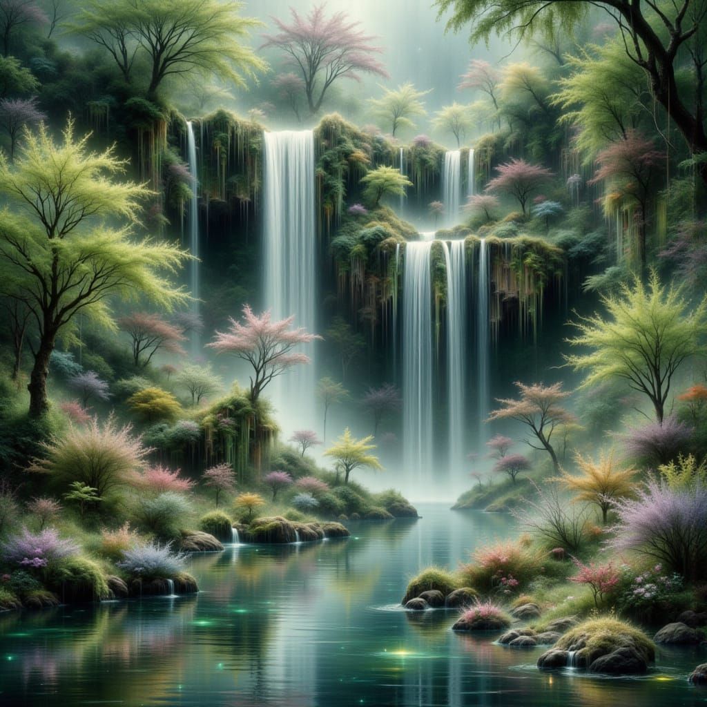Surreal Waterfall Scene in Impressionistic Style
