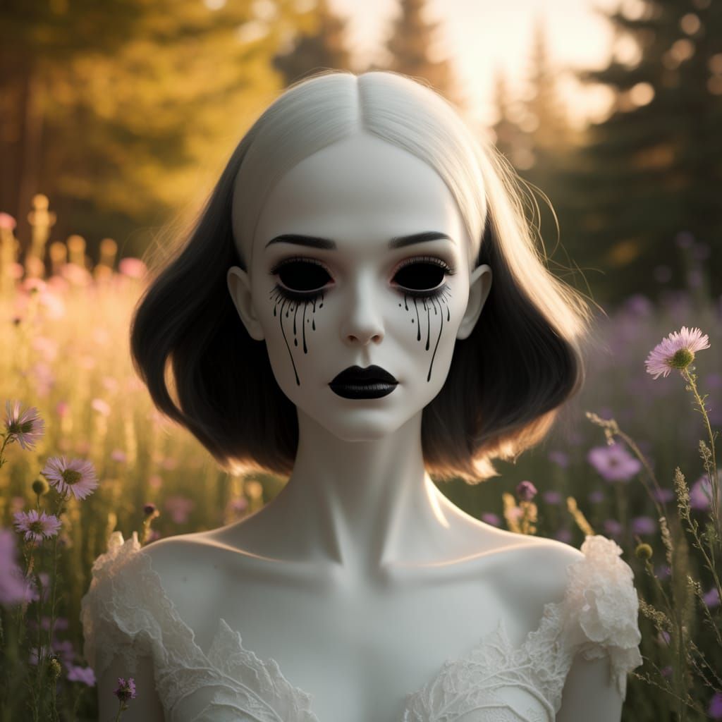 Porcelain pale, graphic woman, black holes for eyes. Black t...
