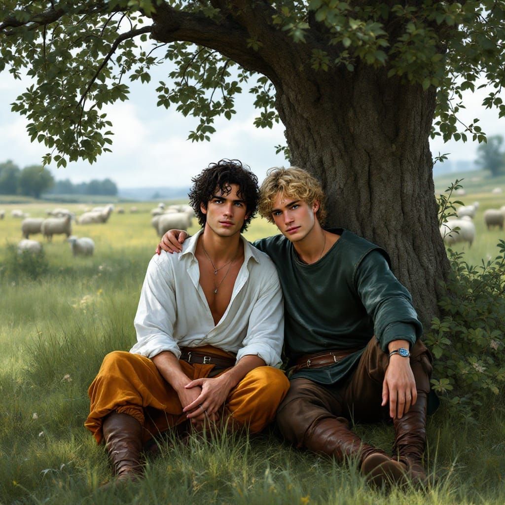 Idyllic Landscape with Two Young Men in a Field