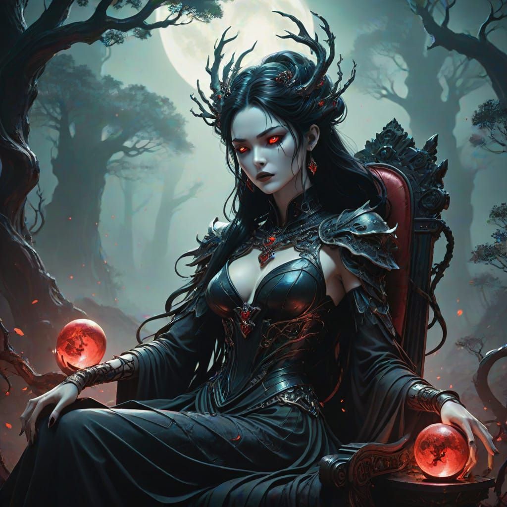 Ethereal Sorceress Reigns Over Dark, Mystical Realm